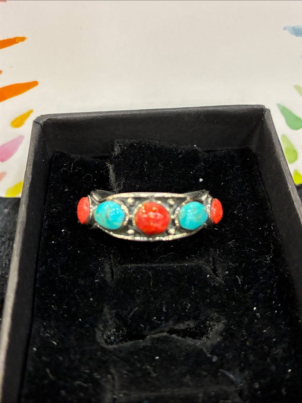 Sterling Silver Turquoise and Coral Cabochon Ring